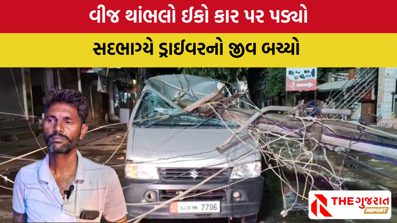 Modasa: મહાકાય વડનું વૃક્ષ ધરાશાયી, ઈકો કાર પર વીજપોલ પડ્યો